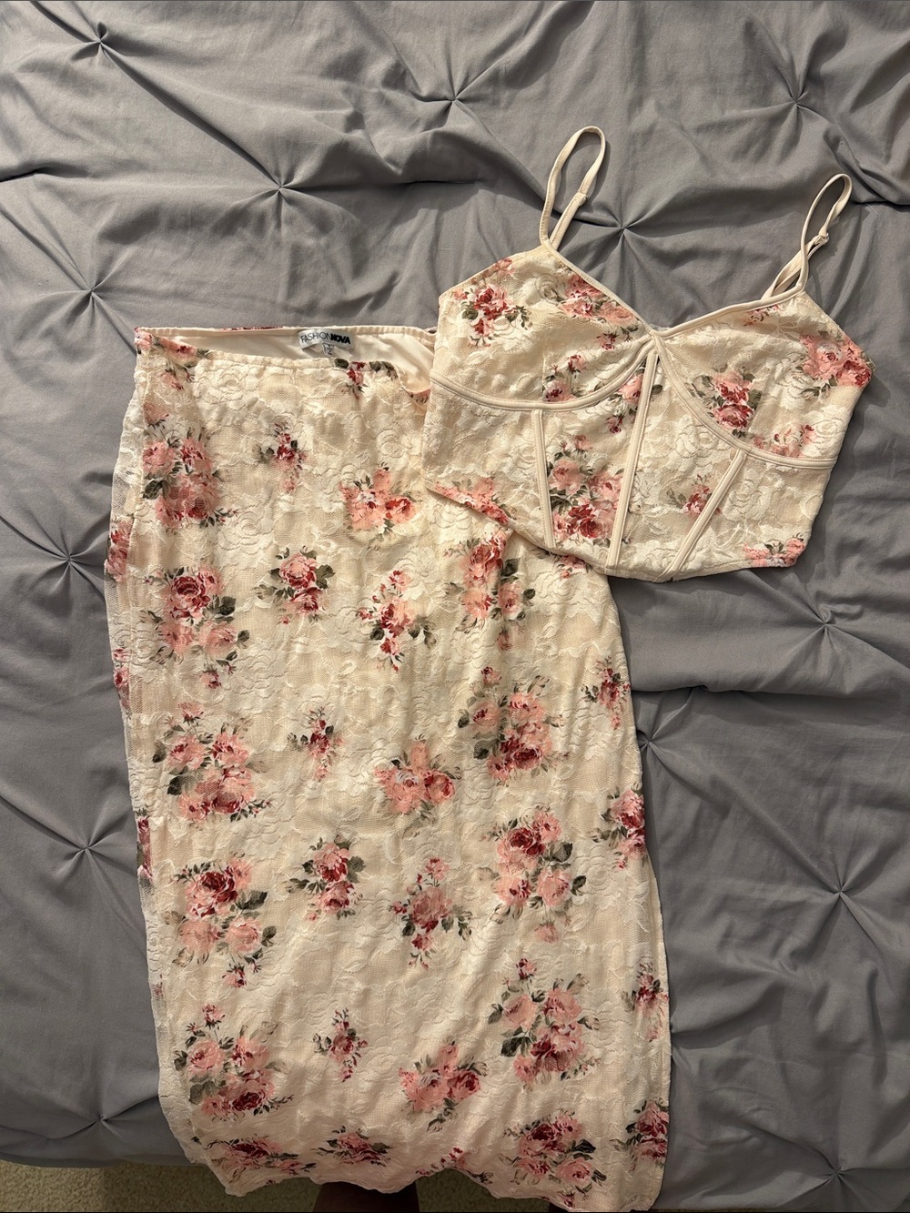 Fashion Nova Cream Floral Lace Bustier Crop Top & Midi Skirt Set